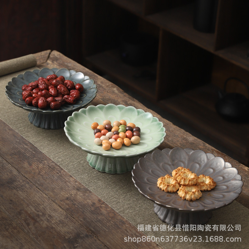 Đĩa trái cây chân cao bằng sứ men ngọc sáng tạo, Bàn cà phê phong cách cổ điển kiểu Trung Quốc, đĩa trà thiền, đĩa cống, Đĩa hoa quả, đĩa Phật
