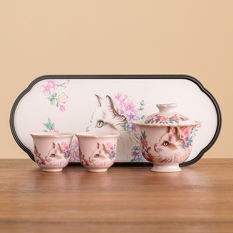 Ru Kiln Hoa Mèo Họa Tiết Hoa Miệng Bát Có Chân Cao, Tách Trà Gốm Ru Màu Hồng, Đơn Có Nắp, Bộ Pha Trà Gia Đình Cho Nữ, Kích Thước Lớn.