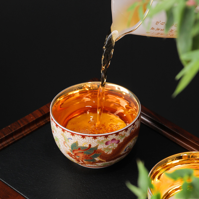 Cốc trà tráng men mạ vàng đám cưới rồng phượng chủ bộ trà gốm sứ bát trà nút thắt quà cưới bán buôn