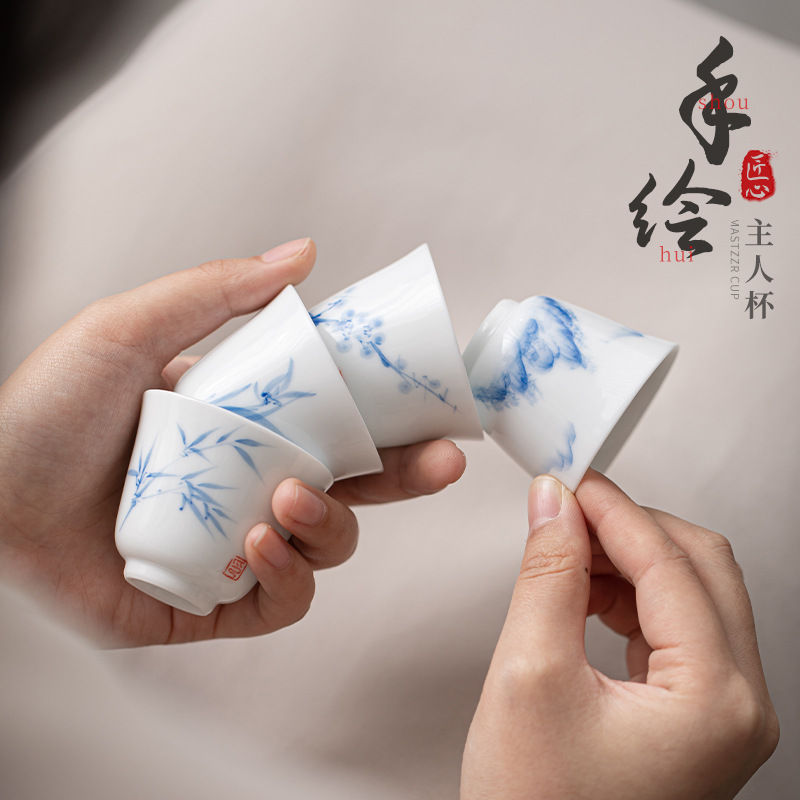 Cốc trà sứ trắng vẽ tay màu tráng men cốc trà cốc trà nhỏ gia dụng cốc hương thơm cốc cốc chủ nhân bộ trà Kung Fu