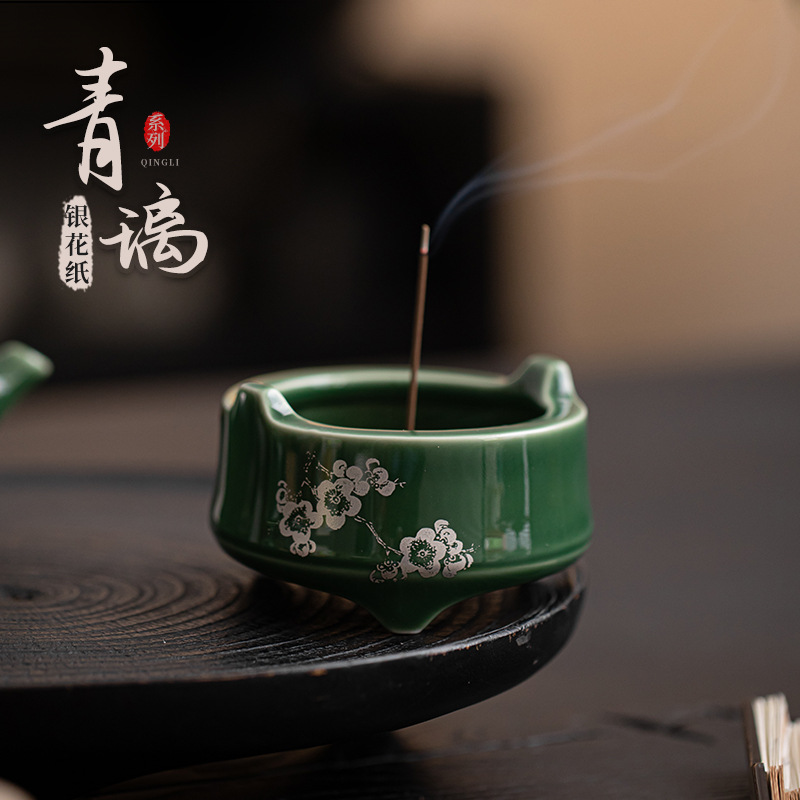 Lư hương vần tre Thanh Liên lư hương gốm sứ kiểu Trung Quốc ba chân lư hương trong nhà nhỏ lư hương trong nhà