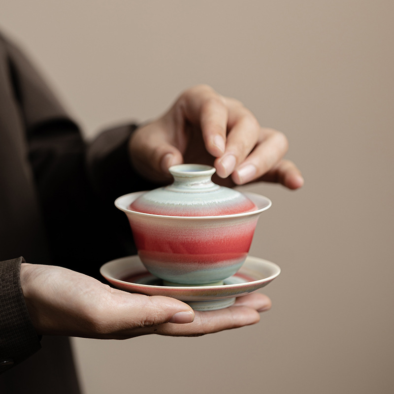 Bát có nắp Sancai Pinellia, bát pha trà gốm sứ biến đổi lò nung cực quang, cốc trà có nắp, bát cầm tay gia dụng, dụng cụ pha trà đơn