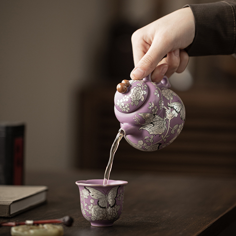 Chậu bầu hoa tình yêu bướm mạ bạc Ziru có thể mở được, ấm trà gốm sứ chống bỏng, ấm cầm tay, ấm đơn, hộp quà