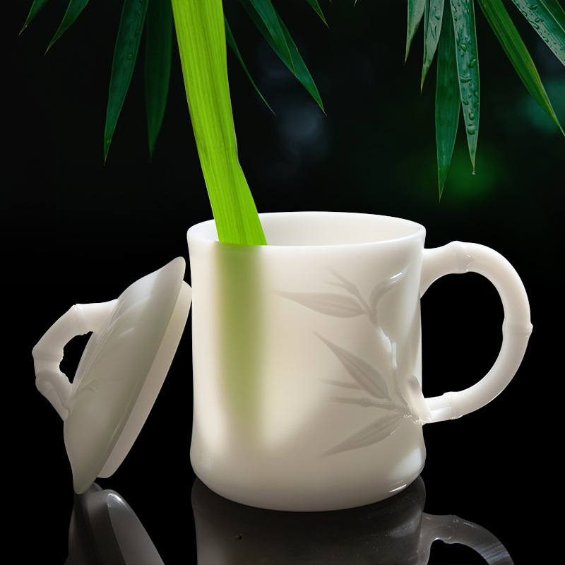Ngọc cừu Ngọc Đức Hoa sứ trắng cốc văn phòng gốm sứ gia dụng cốc cá nhân có nắp cốc nước loại băng cao cấp Guo Zhibao