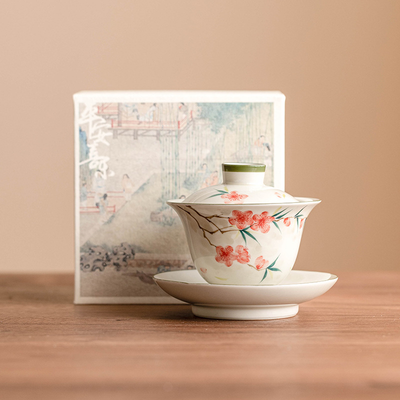 Cốc trà tam tài hoa đào vẽ tay cốc trà bộ trà kungfu cao cấp đồ pha trà gia dụng gốm sứ Trung Quốc bát trà