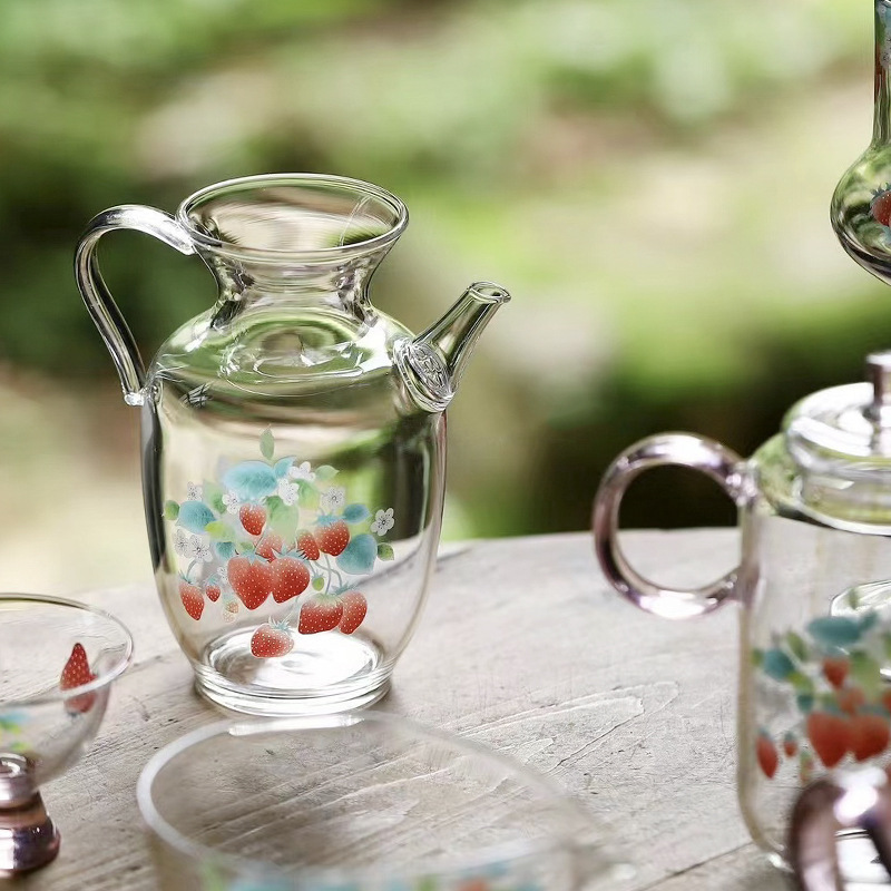 Bộ sưu tập dòng sản phẩm kính dâu tây 2024, đề can thủ công, bát nắp chịu nhiệt độ cao borosilicate, cốc trà, cốc trà, bộ trà