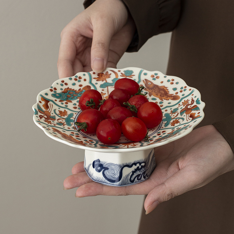 Đĩa trái cây chân cao gốm tráng men kiểu Trung Quốc mới, đĩa ăn nhẹ, đĩa trái cây, bàn trà phòng khách, đĩa ăn nhẹ gia dụng