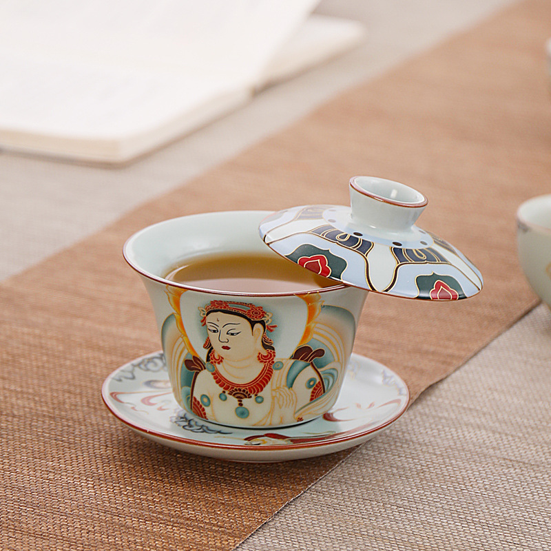 Bộ ấm trà Kung Fu treo cổ Ru Kiln Đôn Hoàng, ấm trà văn phòng gia dụng bằng gốm sứ sang trọng nhẹ, bát có nắp, quà tặng