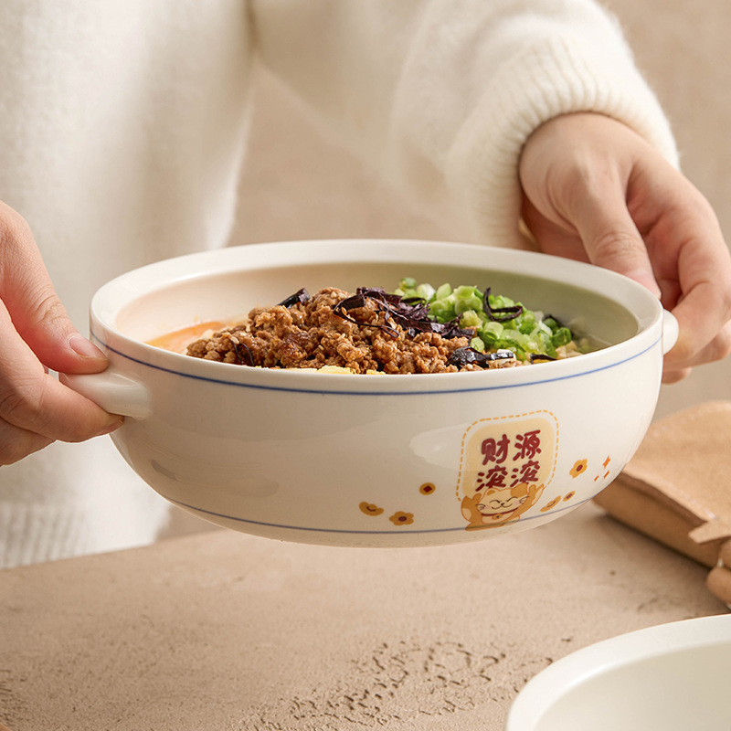 Bát mì ăn liền hai tai màu xanh nồi súp bát sứ lớn dày bát súp hộ gia đình cao cấp chậu súp ốc sên bát mì