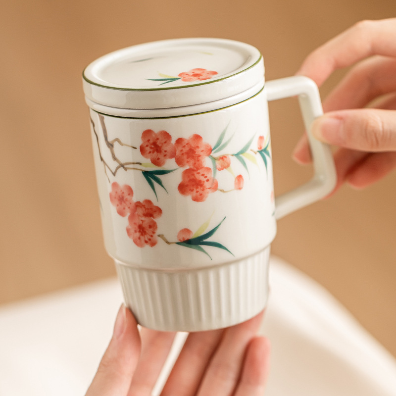 Cốc trà hoa đào vẽ tay cốc văn phòng cốc gốm cốc tách trà cốc pha trà cốc uống nước gia dụng có nắp