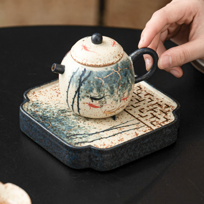 Ấm gốm đỏ đá lửa trắng xanh, bàn pha khô, vẽ tay vàng, khay trà cá koi vần sen vẽ tay, phụ kiện trà đạo