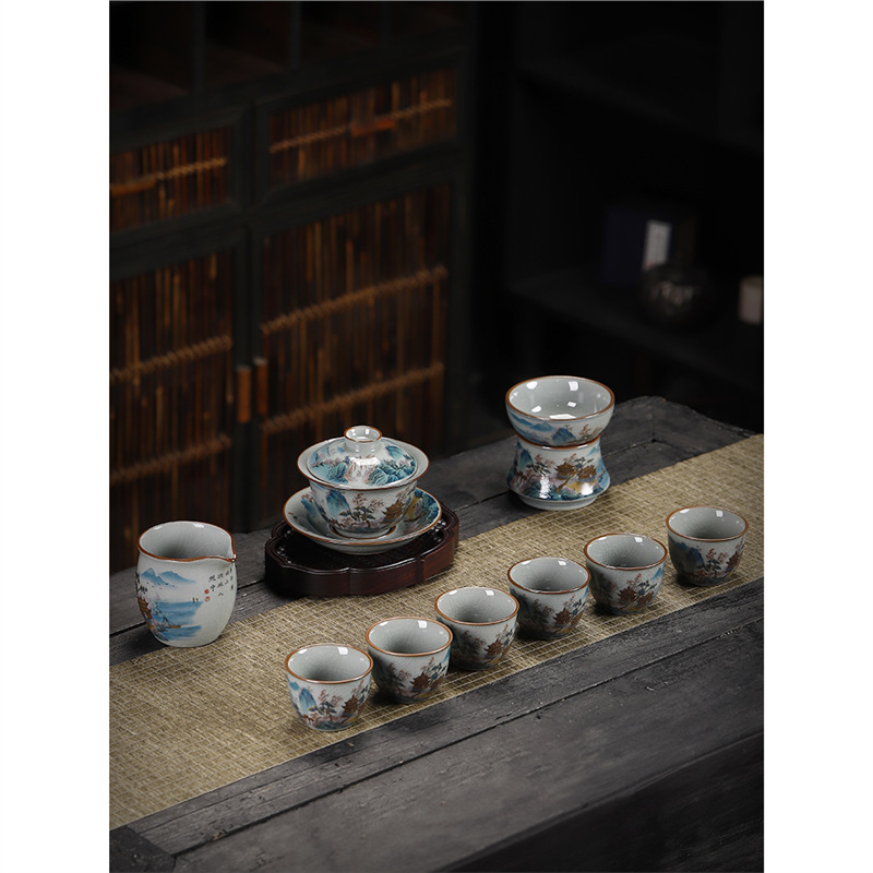 Bộ ấm trà Kung Fu bằng sứ xanh trắng bằng đất sét cũ, bộ ấm trà cao cấp phong cảnh mở kiểu Trung Quốc, bán buôn cốc trà gia dụng
