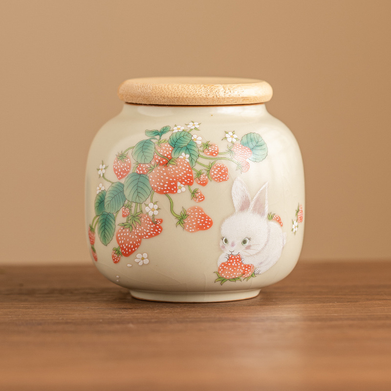 Hộp đựng trà Thỏ Dâu Tây Ruyao, hộp đựng trà chống ẩm kín gia dụng, Trà đen, trà xanh, Hộp đựng trà Pu'er cỡ nhỏ