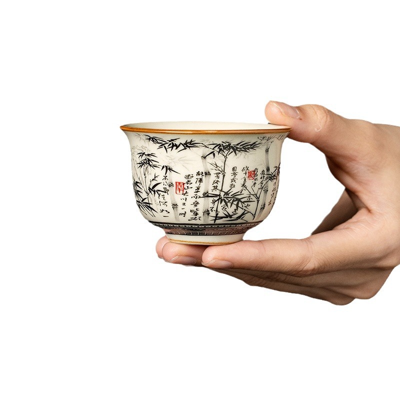 Bộ tách trà chân tròn bằng tre mực Ru Kiln cốc gia chủ cốc gốm sứ có thể nâng cốc cá nhân cốc uống trà kiểu Trung Quốc