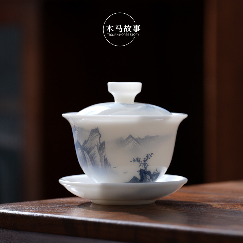 Cốc trà có nắp sứ trắng vẽ tay cao cấp, bát trà hồng phong cảnh đơn, cốc pha trà ngọc cừu loại đá Đức Hoa