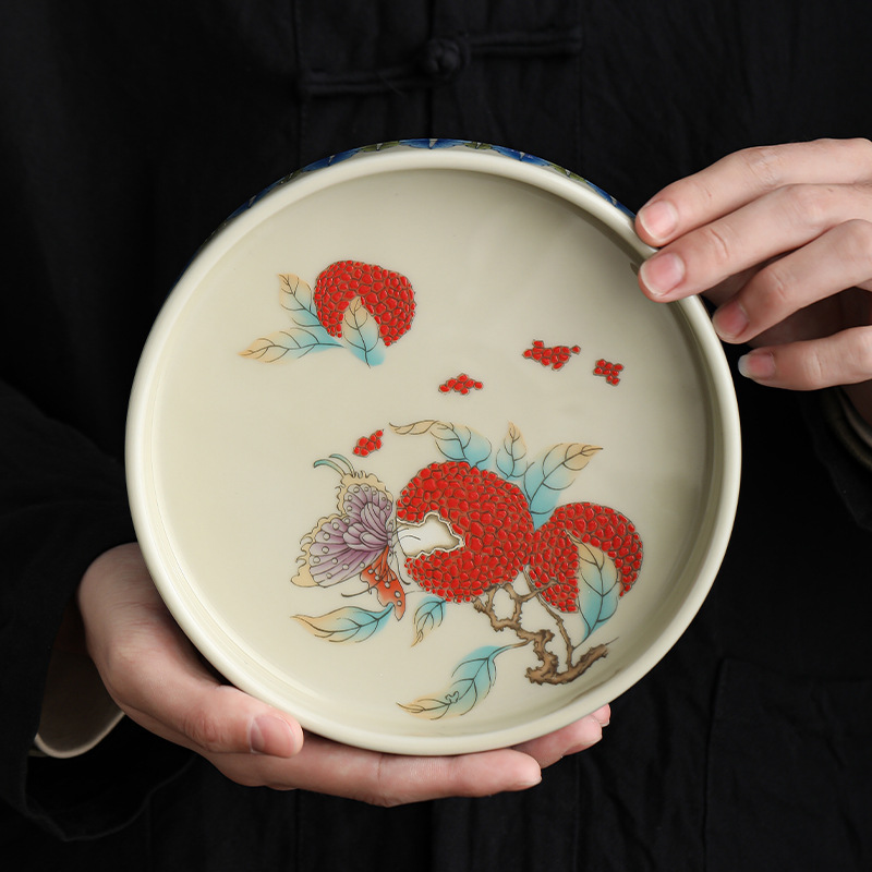 Chậu vải thiều gốm sứ, bàn pha khô, phụ kiện bộ trà kungfu cao cấp kiểu Trung Quốc, bát có nắp đựng đồ ăn nhẹ, khay đựng trà