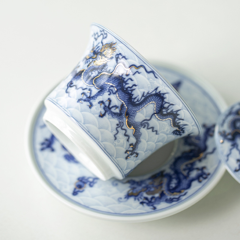 Bát có nắp tam tài hoa văn rồng sai vàng bạc xanh cổ dụng cụ pha trà công phu gốm sứ giá sỉ bộ pha trà cao cấp gia dụng