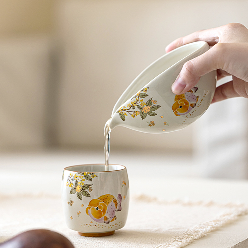 Cốc tách trà cá osmanthus vàng xám thực vật phong cách Trung Quốc dụng cụ tách trà gốm sứ gia dụng cốc trà đồng phục kiểu Trung Quốc phụ kiện bộ trà biển trà