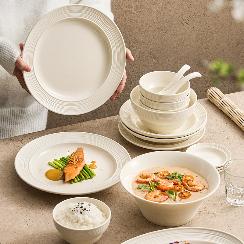 Bộ bát đĩa kiểu kem, bát cơm gia đình, bát mì súp, đĩa cá gốm cao cấp, bát, đĩa, bộ đồ ăn.