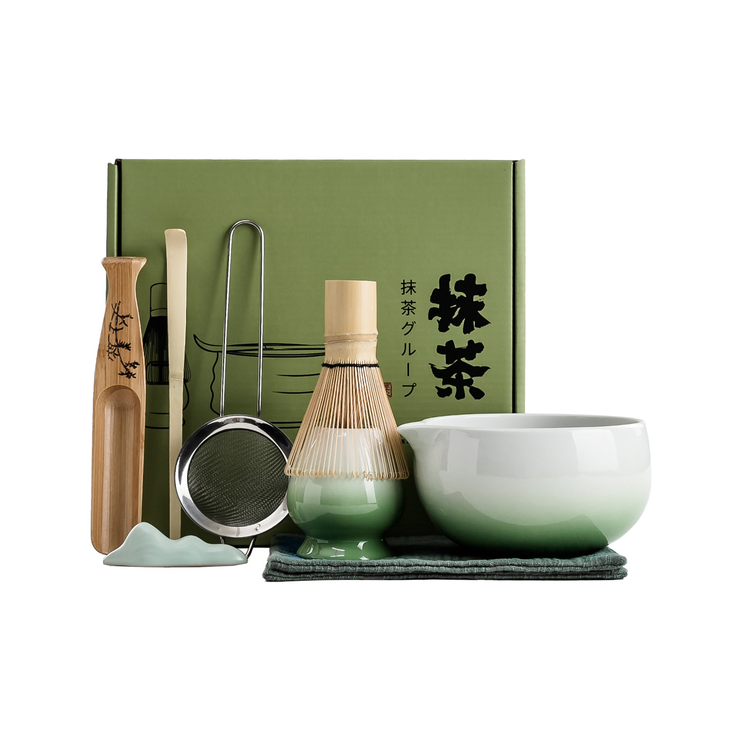 Bộ 8 món matcha bán buôn, chén trà gốm sứ màu chuyển sắc, bộ dụng cụ pha trà thời nhà Tống, gồm chổi đánh trà, rây lọc, bàn chải trà