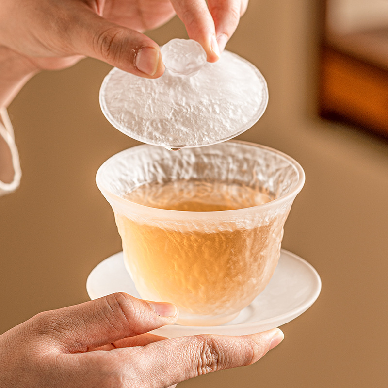 Bát trà có nắp Sancai Shangshen Liuli Bát trà trắng mờ kiểu Trung Quốc Có Nắp Bát Trà chống bỏng đơn gia dụng cao cấp