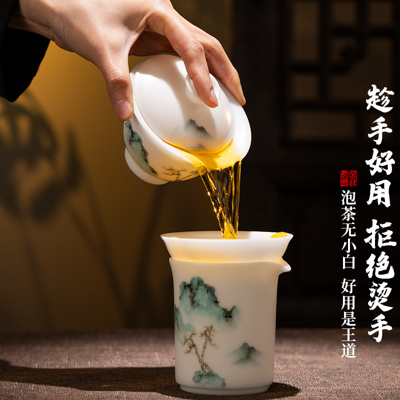 Bộ trà ngọc bích vẽ tay của bậc thầy di sản văn hóa phi vật thể dành cho gia đình, Bộ hoàn chỉnh với Gaiwan, Tách trà gốm pha trà cao cấp.