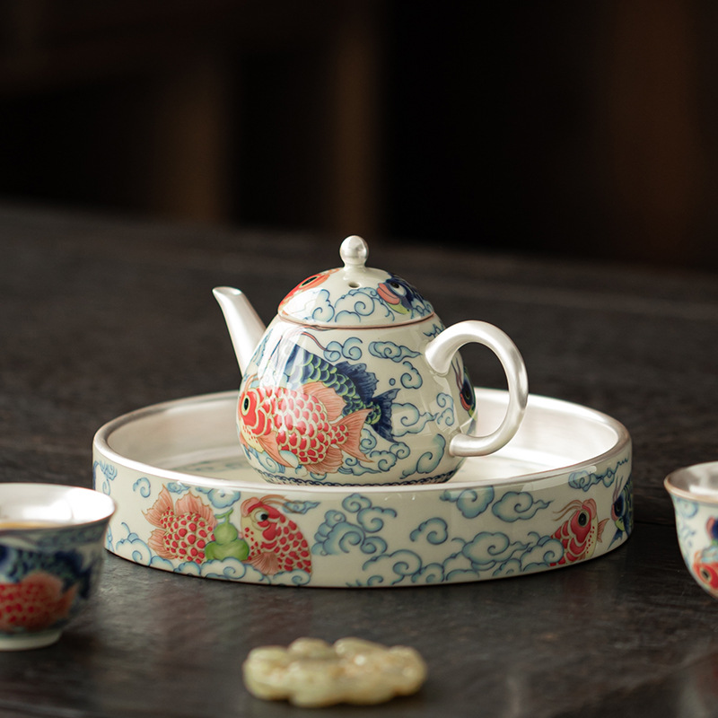 Bộ ấm trà Kung Fu gốm sứ một ấm ba chén cá rồng bạc bạc gia dụng tặng quà cho lãnh đạo và khách hàng