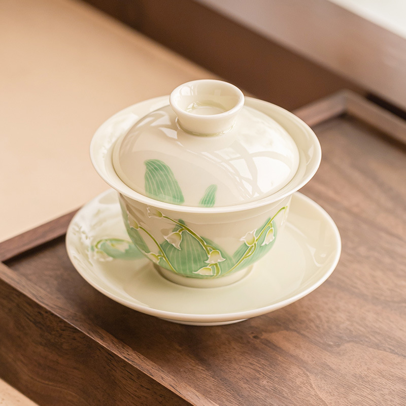 Vẽ tay đống chạm khắc hoa lan thung lũng ba tài bát trà cốc trà Kung Fu bát trà pha trà phong cách Trung Quốc đơn giản bộ trà Kung Fu hộp quà