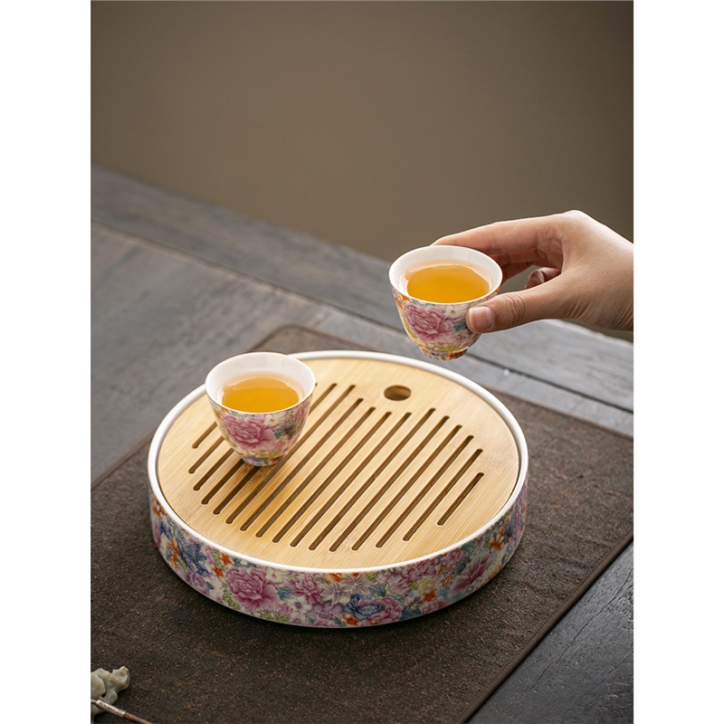 Khay trà gốm tròn tráng men vạn hoa, bàn trà cổ kiểu Đài Trung, khay trà tròn lớn, bán buôn