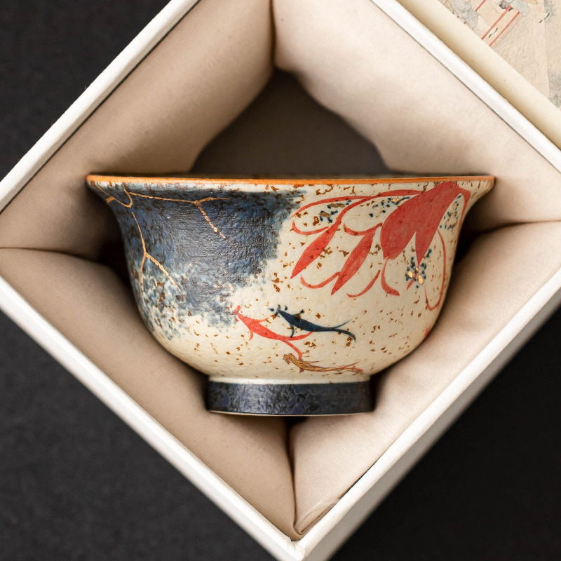 Màu xanh và trắng, đá lửa đỏ, tách trà cao cấp, cốc chủ nhân, vẽ tay bằng vàng, cốc cầm tay cá koi vần sen, cốc đơn trà, dung tích lớn