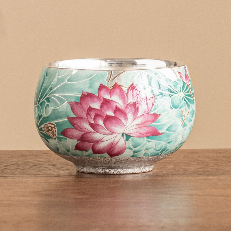 Cốc trà gốm sứ ánh trăng ao sen mạ bạc 999 tách trà cốc chủ nhân cổ điển Trung Quốc cốc trà chuyên dụng cá nhân cốc đơn