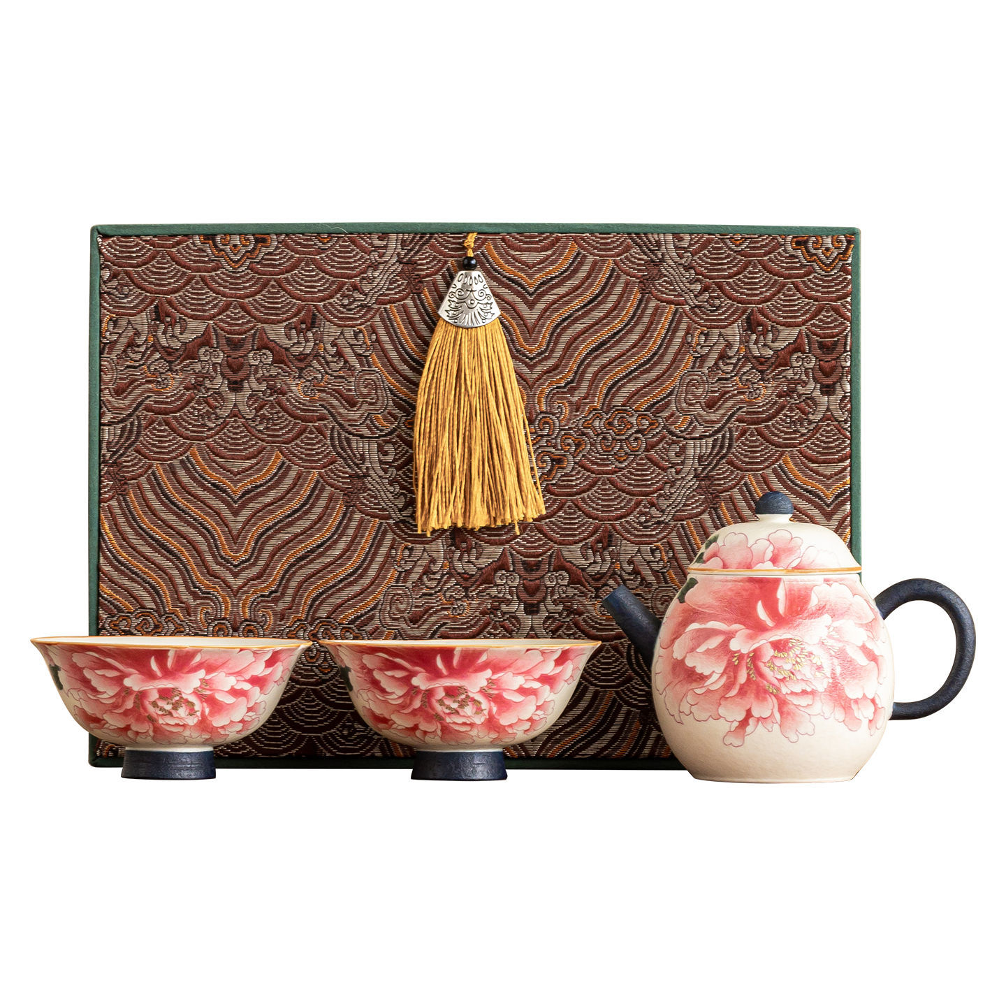 Ấm pha trà trắng mỏ đá, cốc trà, một ấm hai cốc gốm sứ, bộ nhỏ, hoa mẫu đơn sơn vàng, bộ trà du lịch ngoài trời di động