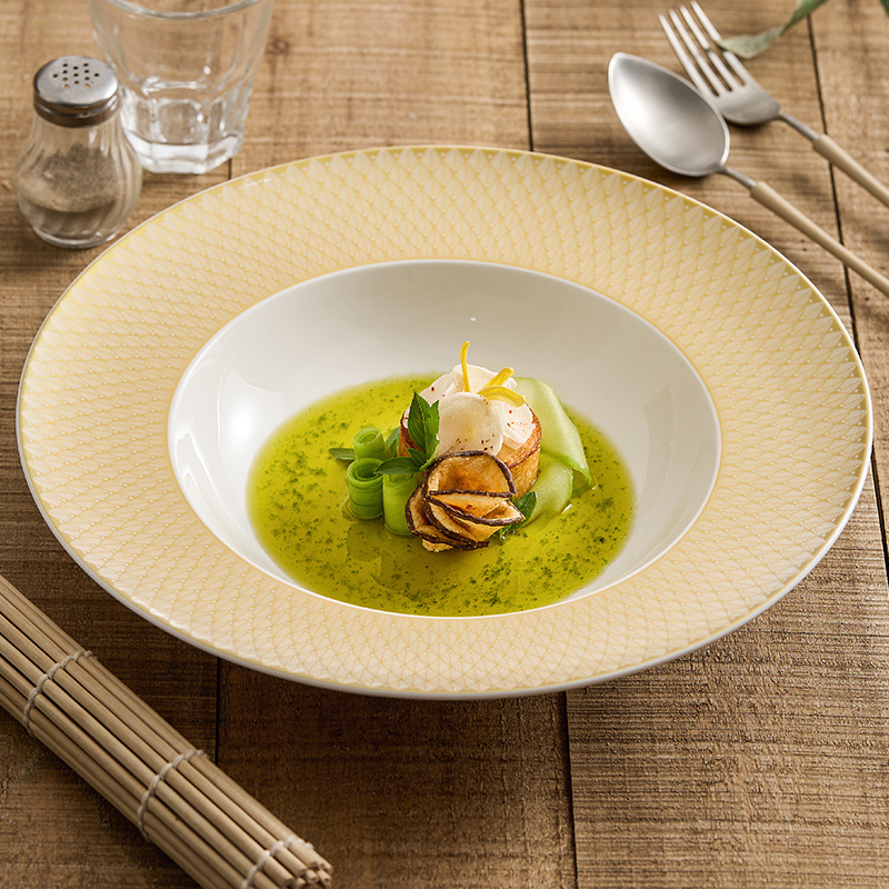 Đĩa súp gốm vàng vàng Renaissance Đĩa món ăn Đĩa gia dụng Bộ đồ ăn khách sạn sang trọng kiểu mới cao cấp Đĩa mũ rơm đồ ăn phương Tây