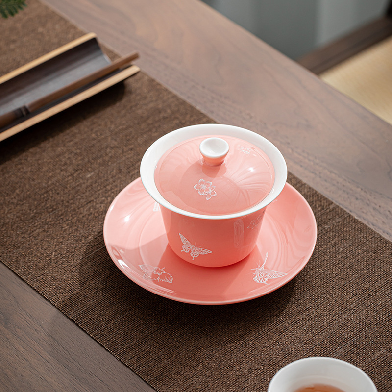 Toffee Fan Giá trị cao Bát Nắp Cốc trà Nữ Sancai Bát trà Bộ trà Kung Fu vẽ tay hoa mận Nhật Bản