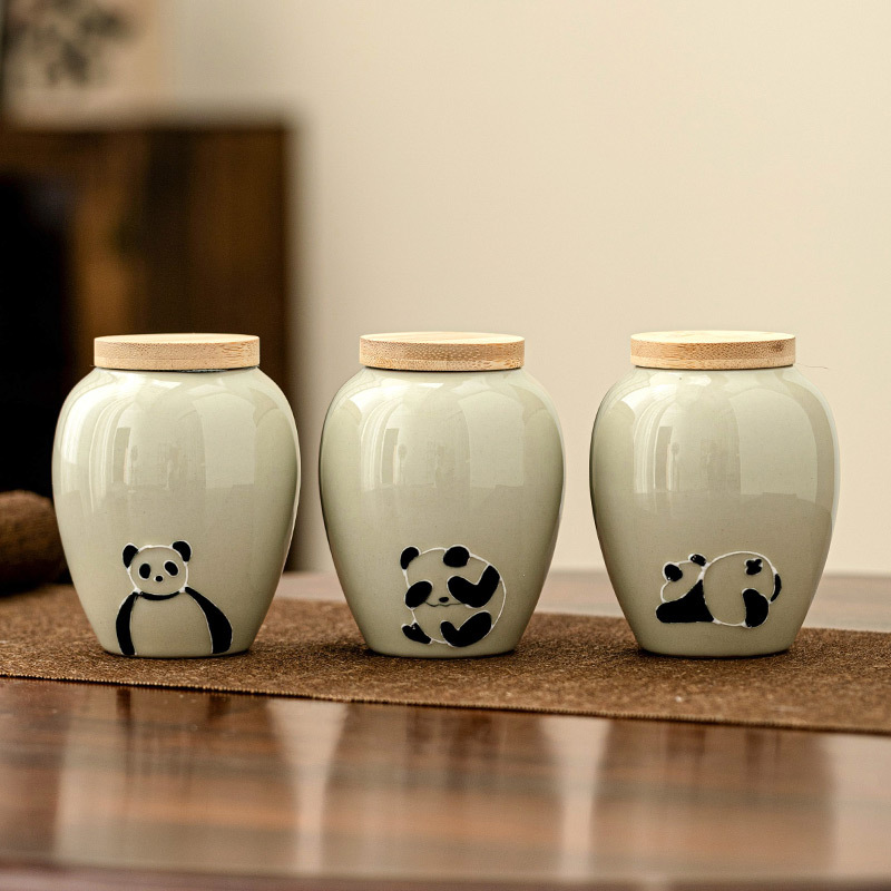 Chậu trà gấu trúc chạm khắc đống tro tàn, bình rỗng, bình kín kiểu Trung Quốc cổ điển, bình đựng đồ, bình gốm gia dụng cỡ nhỏ