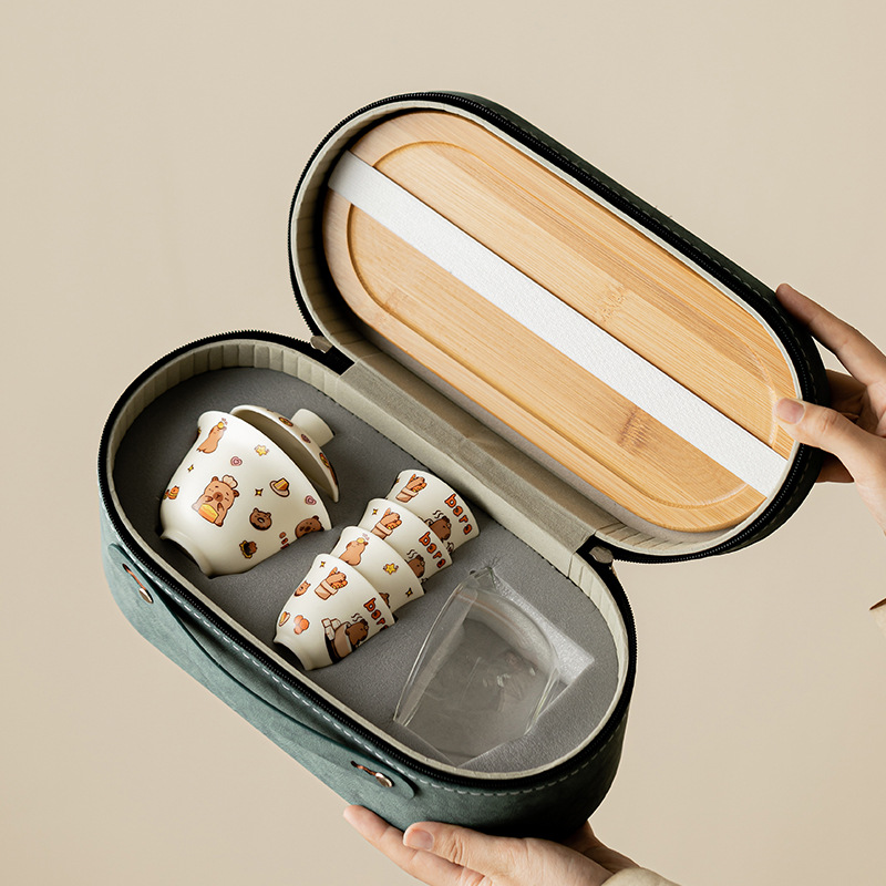Kapibara gốm sứ du lịch nhanh cốc du lịch cắm trại di động ngoài trời bộ trà một bát bốn cốc có khay trà