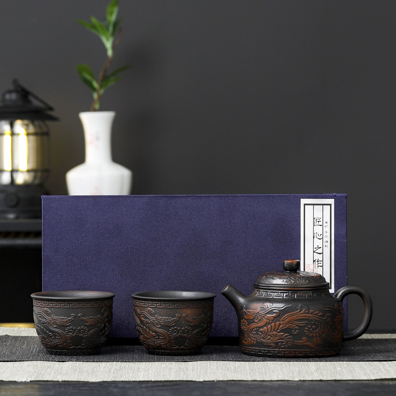 Bộ ấm trà Kung Fu gốm tím ấm trà gốm sứ đơn giản gia dụng cổ điển cốc trà hộp quà cao cấp bán buôn quà tặng