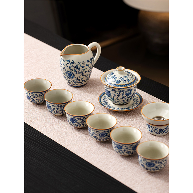 Bát có nắp thoáng trong lò sen xanh trắng, cốc trà Kung Fu mở gia dụng cao cấp có nắp, bát pha trà tam tài