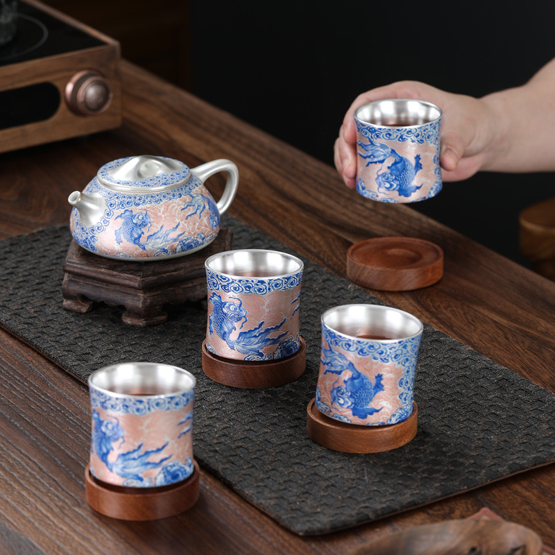 Ấm trà mạ bạc cao cấp, cốc khách nhanh, một ấm bốn cốc, bộ trà du lịch Trung Quốc sang trọng nhẹ, hộp quà trà quay bằng gốm sứ