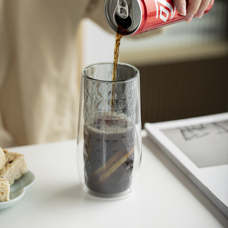 Ly nước thủy tinh hai lớp kẻ sọc, ly cola, ly cà phê chịu nhiệt độ cao, ly nước trái cây, ly đồ uống, đơn giản