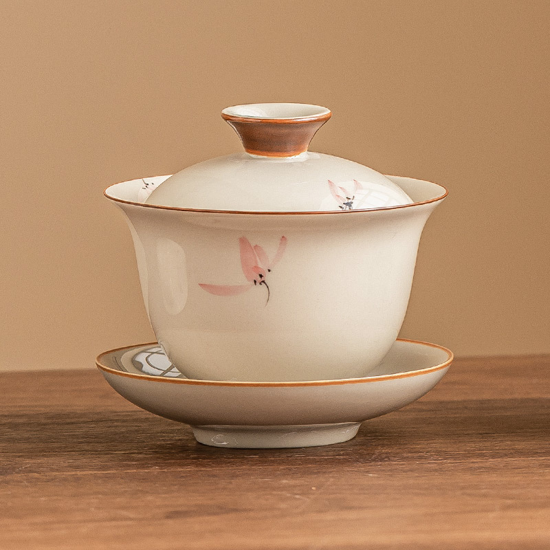 Nhà xưởng vẽ tay hoa lan hồng tam tài nắp bát pha trà gốm sứ chống bỏng bộ trà kungfu gia dụng Trung Quốc dụng cụ pha trà