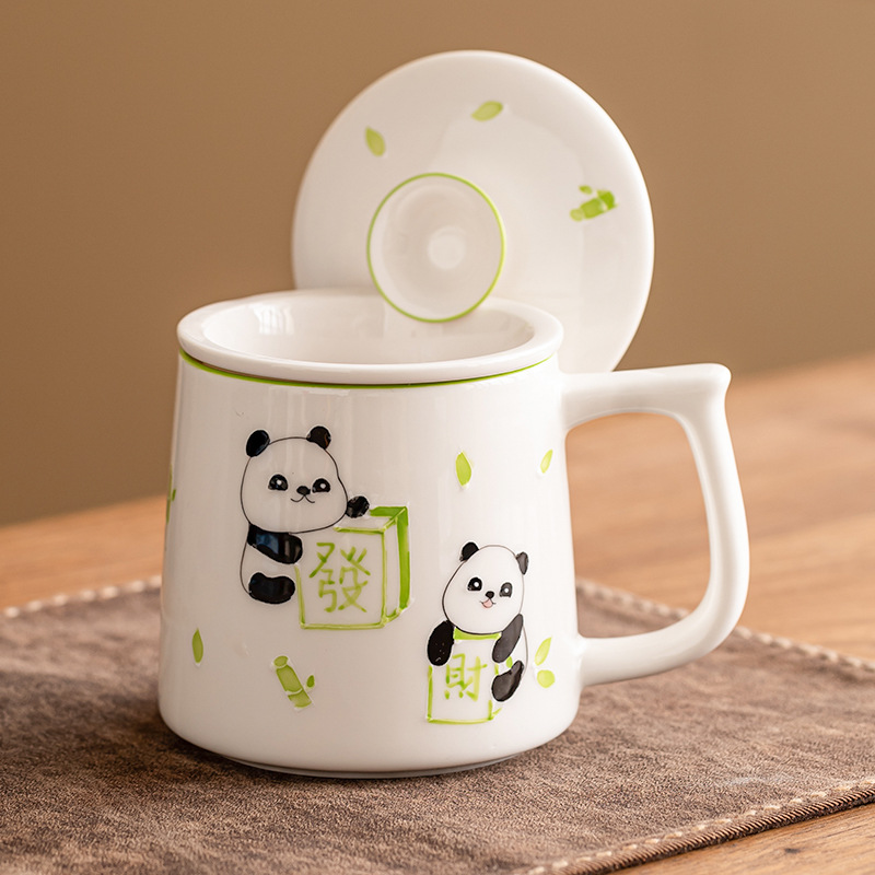 Cốc pha trà mạt chược gấu trúc vẽ tay cốc văn phòng tinh tế cao cấp cốc gốm sứ cốc tách nước trà cốc có lót