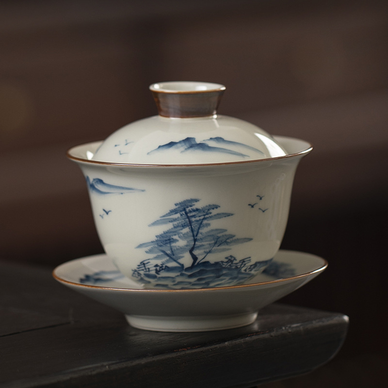 Ba báu Gaiwan vẽ tay với tro cỏ, Bát trà đơn dùng trong gia đình, Tách trà cao cấp, Bộ trà Kung Fu, Bát trà bằng gốm.