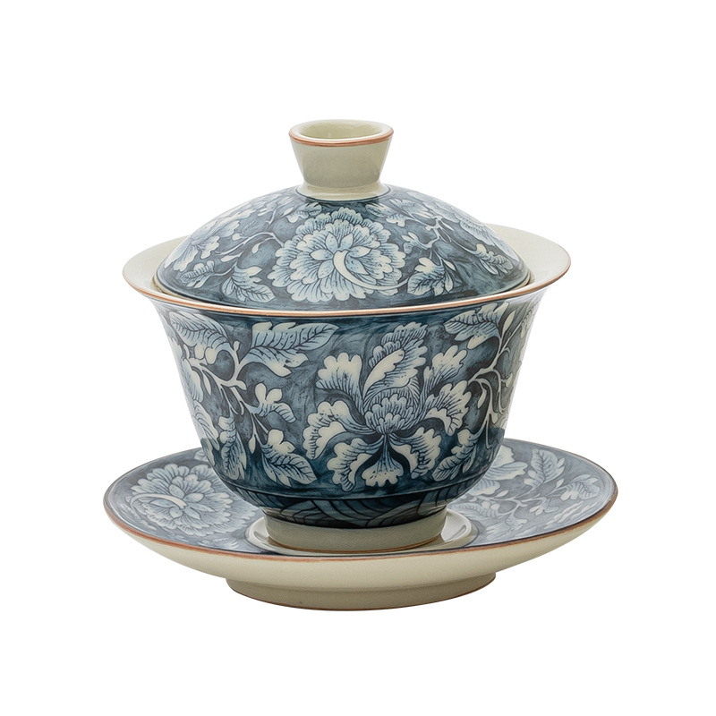 Bát Có Nắp Ba tài hoa trong lò Ru cổ, Bát pha trà gốm sứ có thể nuôi được, hộp quà, Bộ trà Kung Fu Trung Quốc