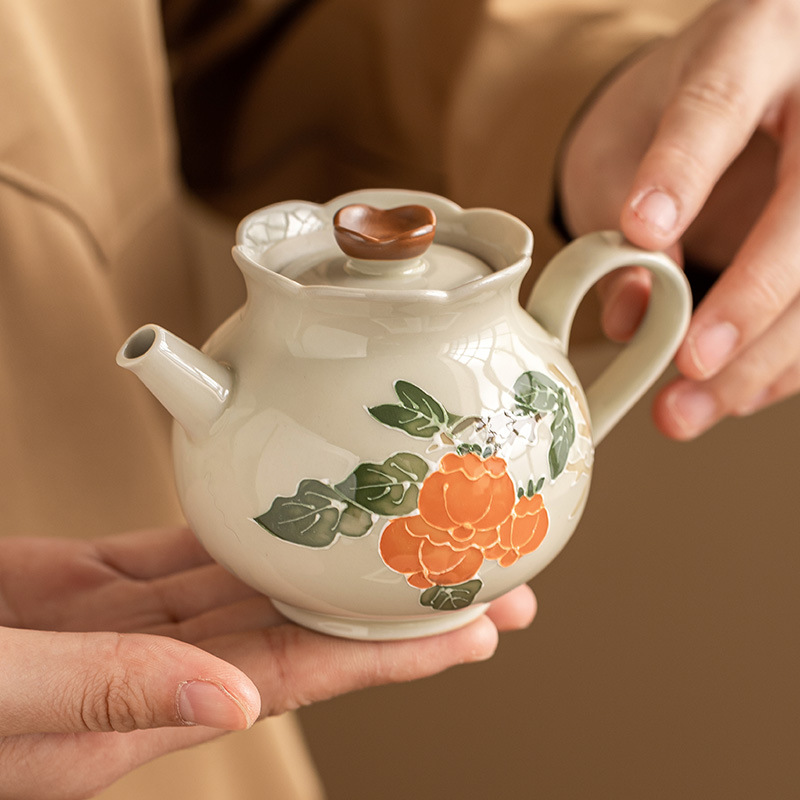 Vẽ tay quả hồng, quả hồng, nụ hoa, đống, bộ ấm trà gốm sứ chạm khắc, ấm đơn, dụng cụ pha trà Kung Fu gia dụng không nóng