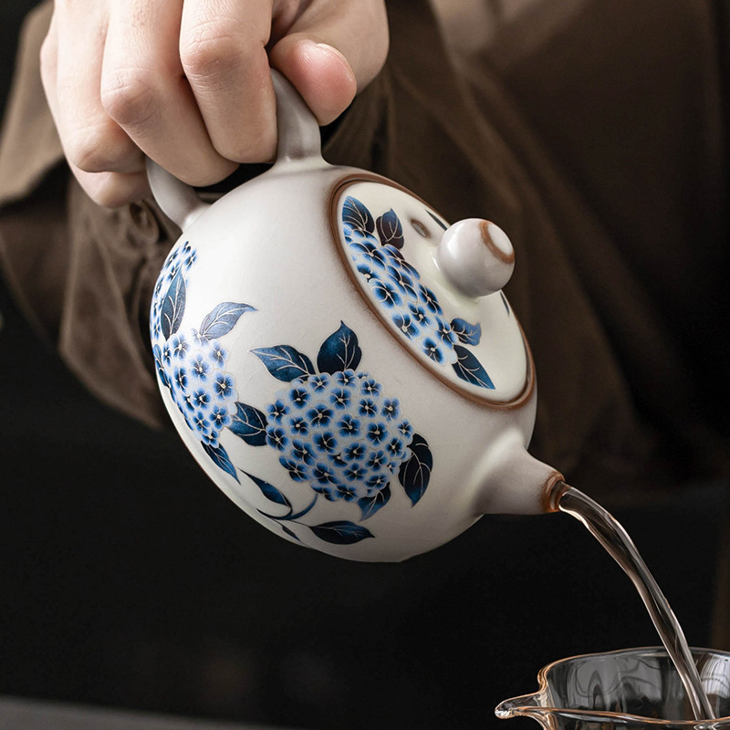 Ấm trà cổ điển kiểu Trung Quốc Ru Kiln, cốc trà, thạch mỡ lợn, hoa cẩm tú cầu Ruqing, ấm một ấm hai cốc, ấm pha trà gốm sứ