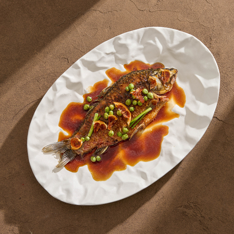 Đĩa cá hoa văn vải Đĩa cá hấp chịu nhiệt độ cao Đĩa món ăn gia dụng Bộ đồ ăn khách sạn Đĩa ăn kết cấu mờ cao cấp Đĩa hình bầu dục