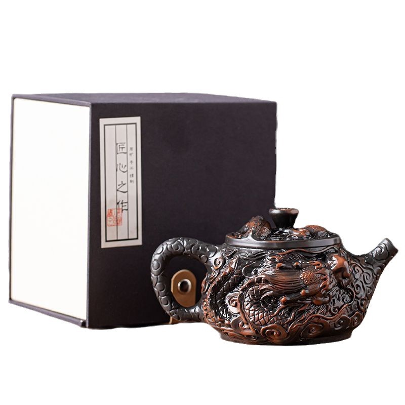 Ấm trà thủ công ấm trà đất sét tím nguyên chất đầy chạm khắc rồng tốt lành dụng cụ pha trà Kung Fu dung tích lớn ấm trà cao cấp chạm khắc ba chiều