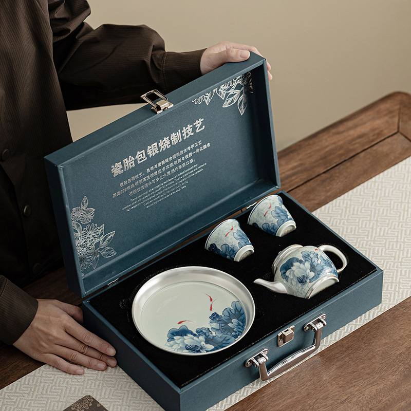 Bộ hoa sen xanh chơi cá bạc một ấm hai cốc bộ ấm trà Kung Fu bộ ấm trà gốm sứ ấm trà làm quà tặng cá nhân