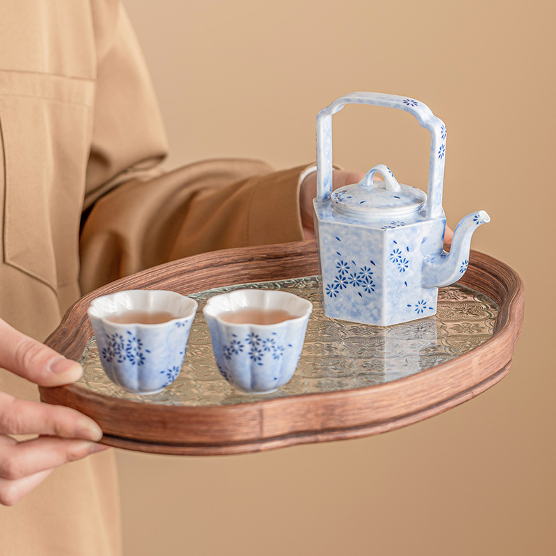 Bộ ấm trà Kung Fu hoa cúc xanh bộ ấm cầm xà chống bỏng gốm sứ cao cấp kiểu Trung Quốc mới bộ ấm hai cốc gia dụng